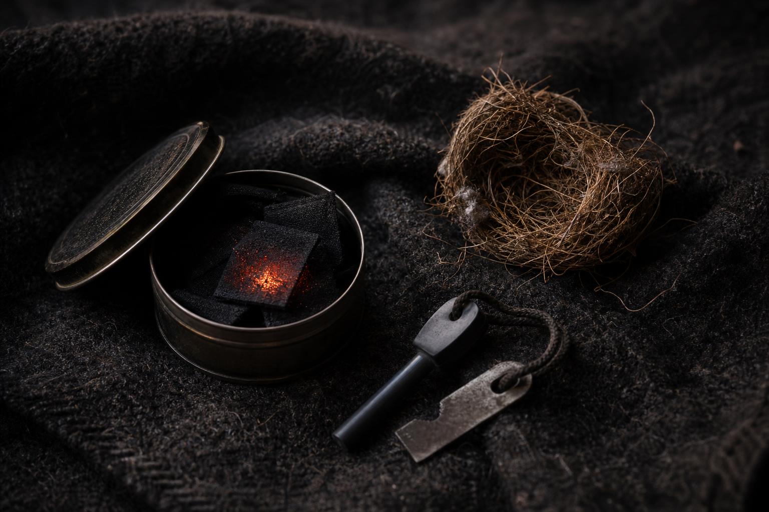 flint and steel kit with char cloth and tinder nest