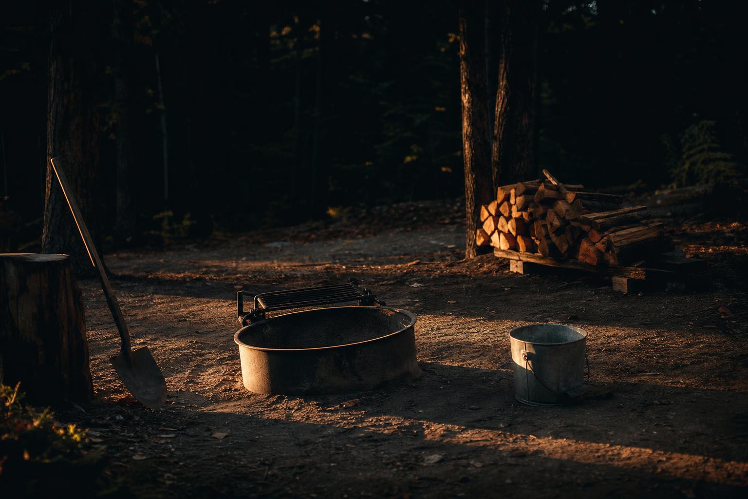 safe campfire site with cleared 10 foot circle water bucket shovel and metal fire ring