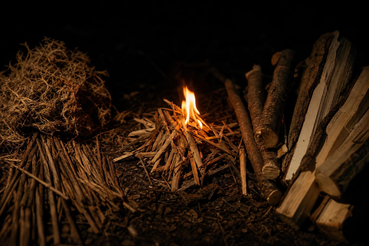 dry tinder pencil thin kindling thumb thick sticks and split fuel wood arranged for campfire ignition