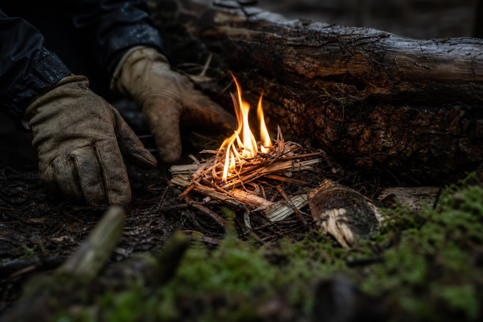 survival fire starter lighting feather sticks behind a windbreak