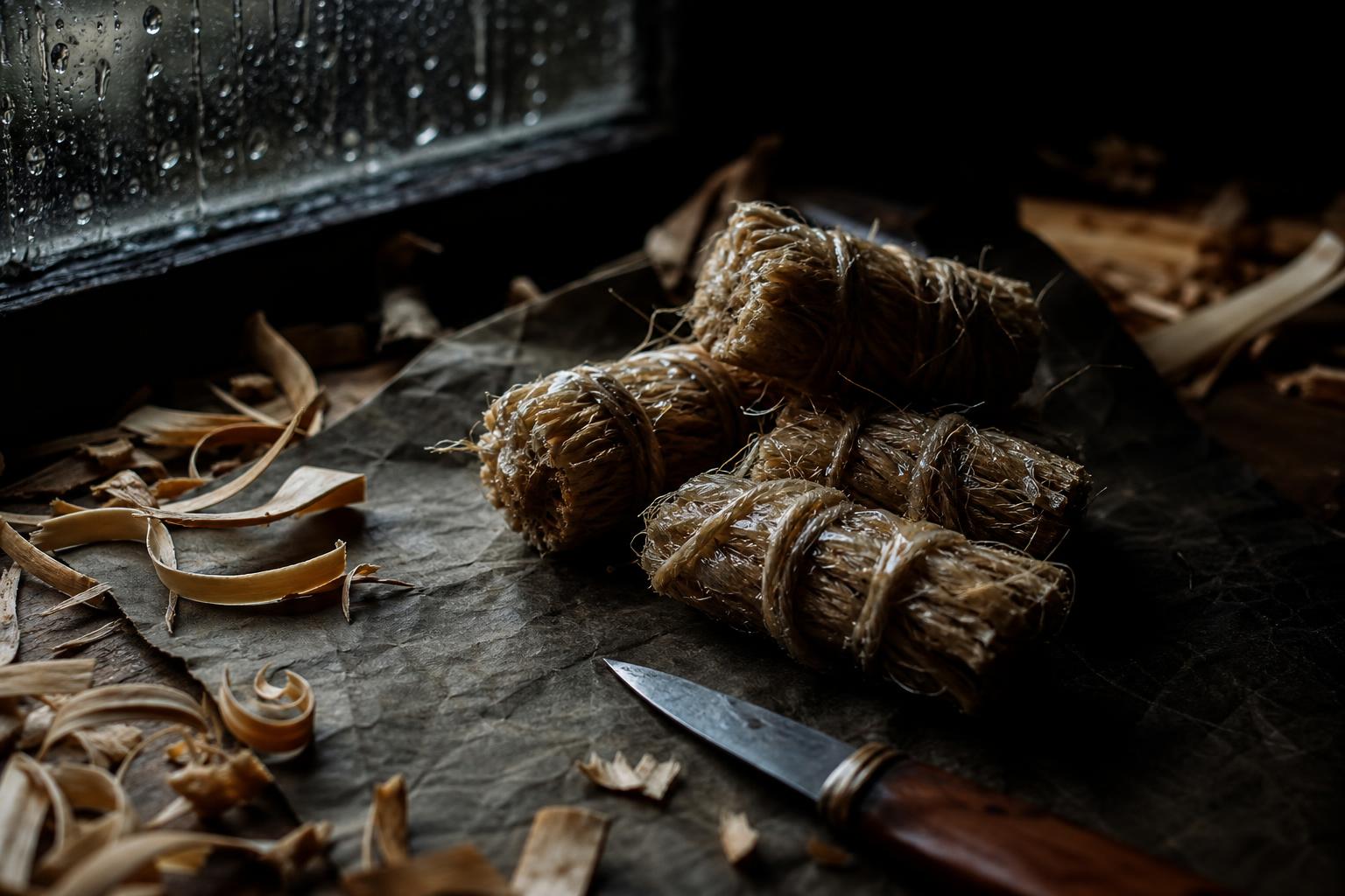 Waxed jute waterproof diy fire starter bundles with dry kindling shavings