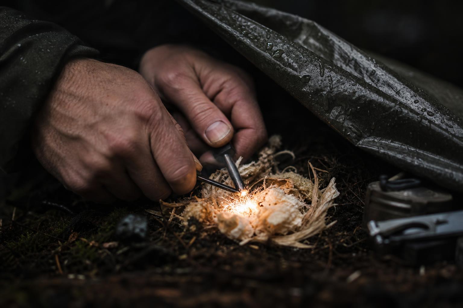 Ferro rod sparks hitting waterproof fire starter tinder made from fatwood and cotton