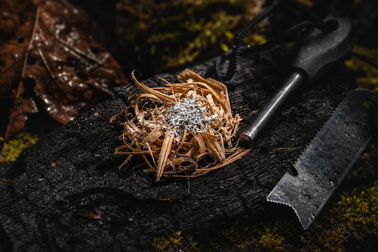 fine magnesium shavings prepared inside dry tinder for a fire starter