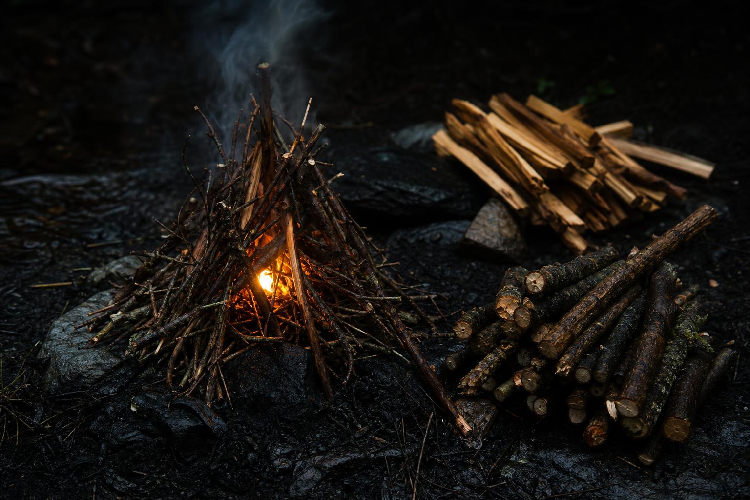 small rain fire catching in loose pencil size kindling with fuel staged nearby