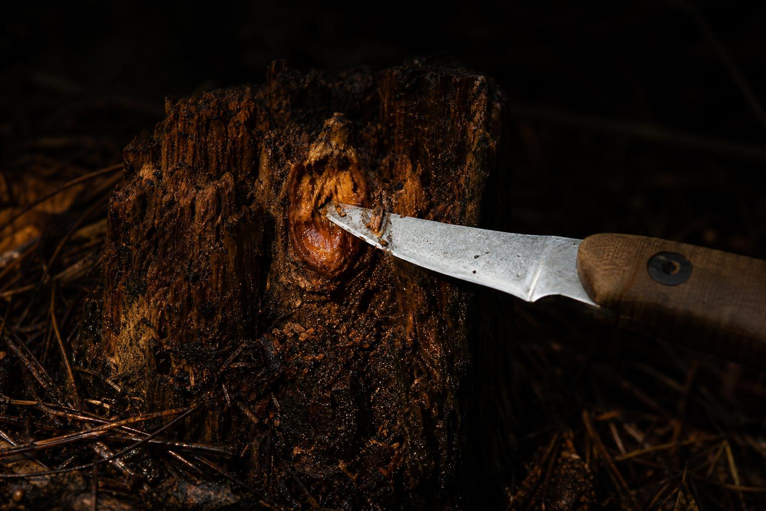 harvesting resin-rich fatwood from dead pine stump for survival fire starter