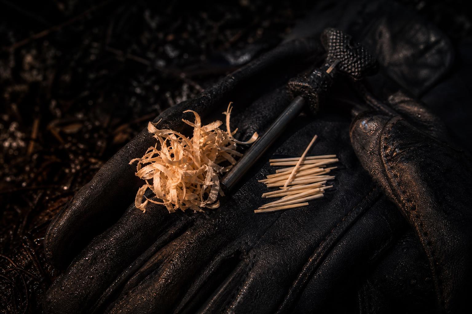 fatwood shavings and splinters prepared for ferro rod fire starting in wet conditions