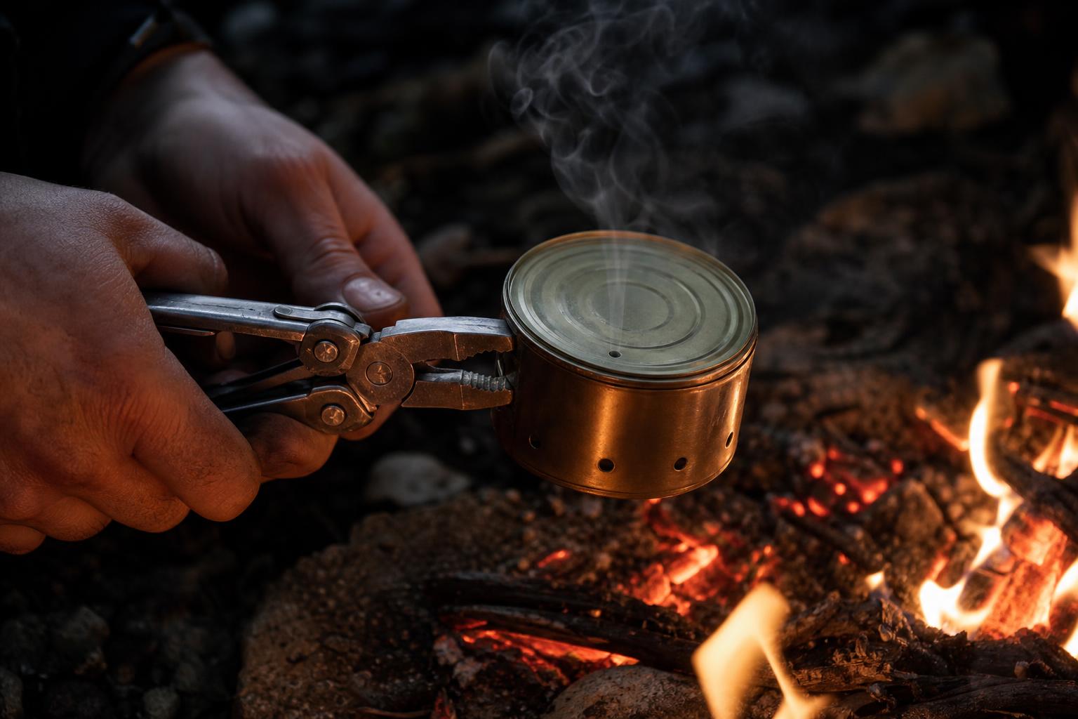 vented tin making char cloth over campfire coals