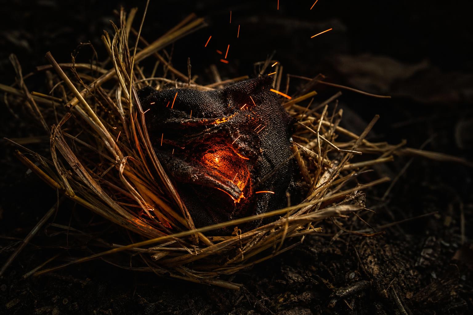 char cloth ember in dry tinder bundle for fire starting