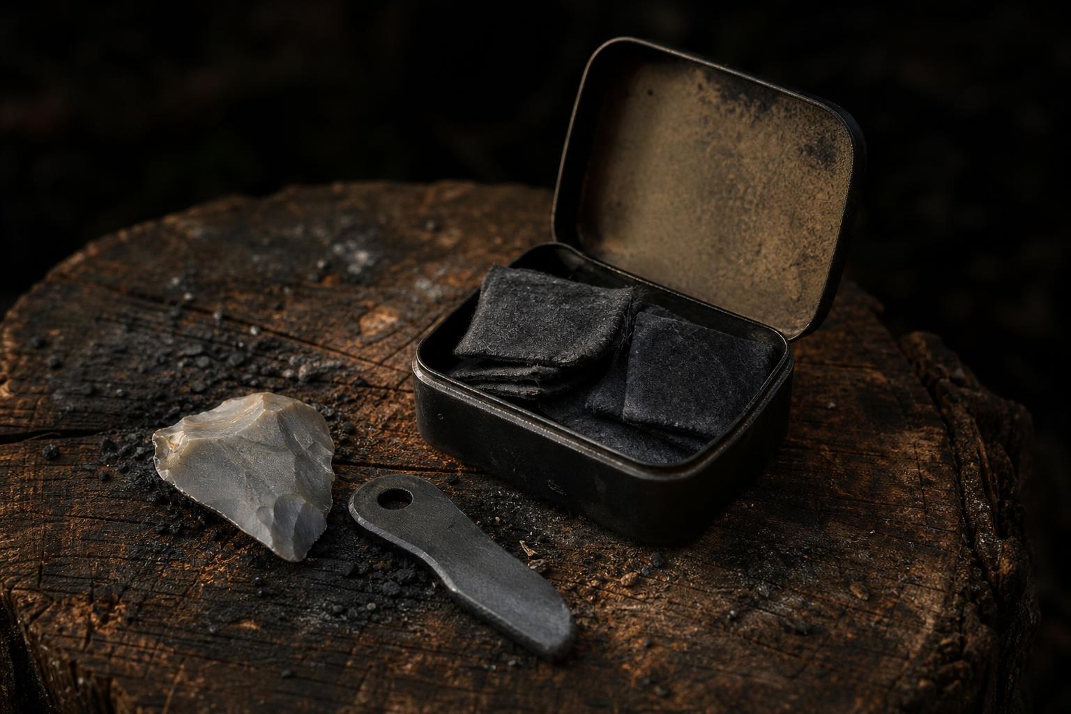 char cloth for flint and steel fire starter in metal tin