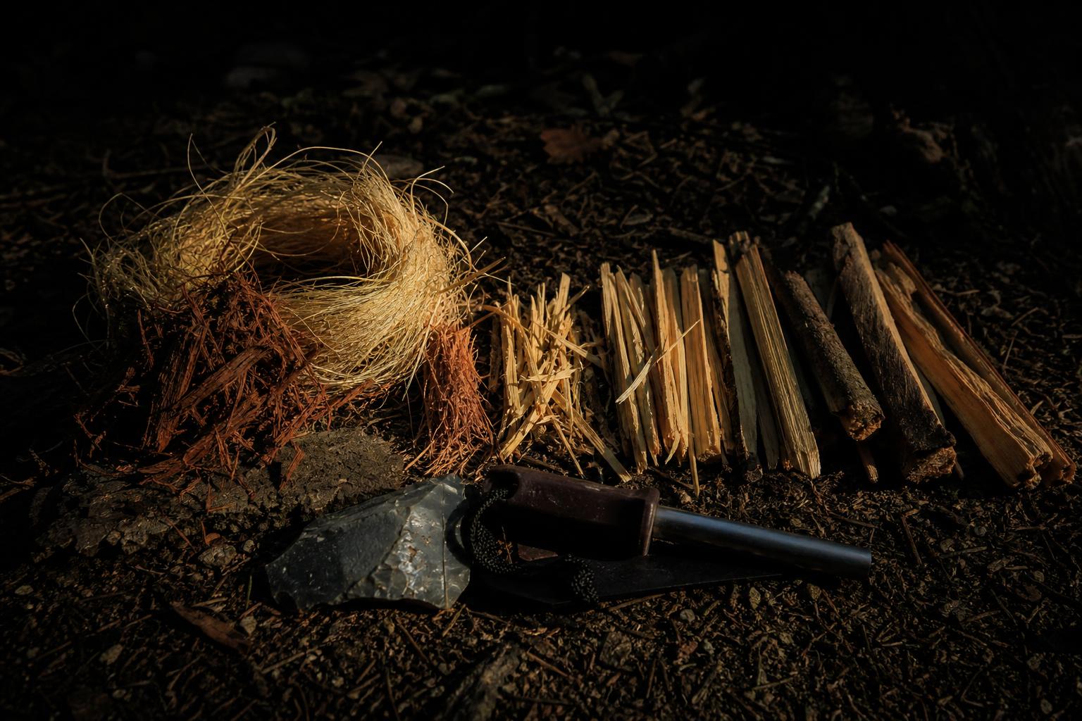 natural tinder bundle and small kindling for flint and steel fire