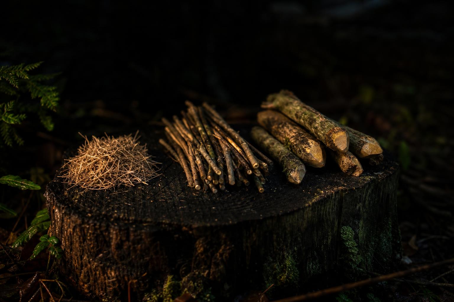 staged kindling ladder from tinder to finger sized firewood fuel