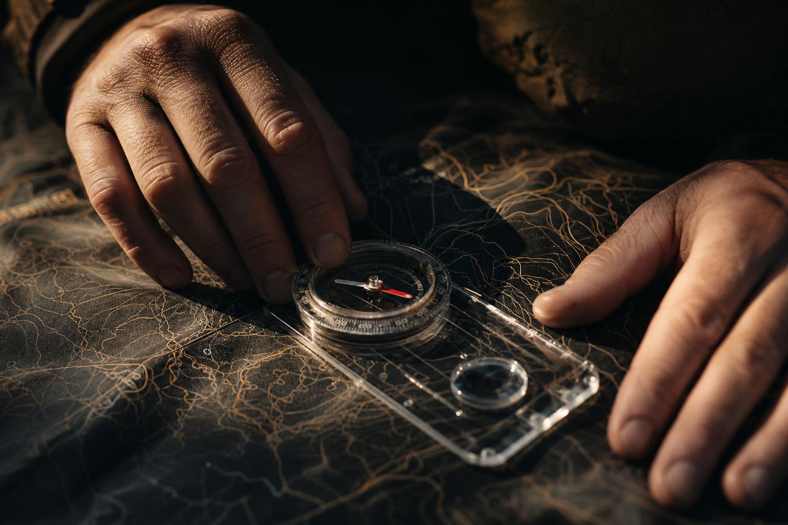 transparent baseplate compass aligned on topographic map for bearing navigation