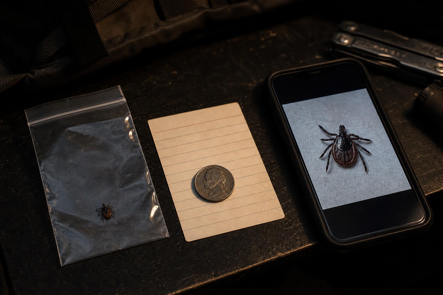 sealed tick specimen bag with field notes after safe tick removal