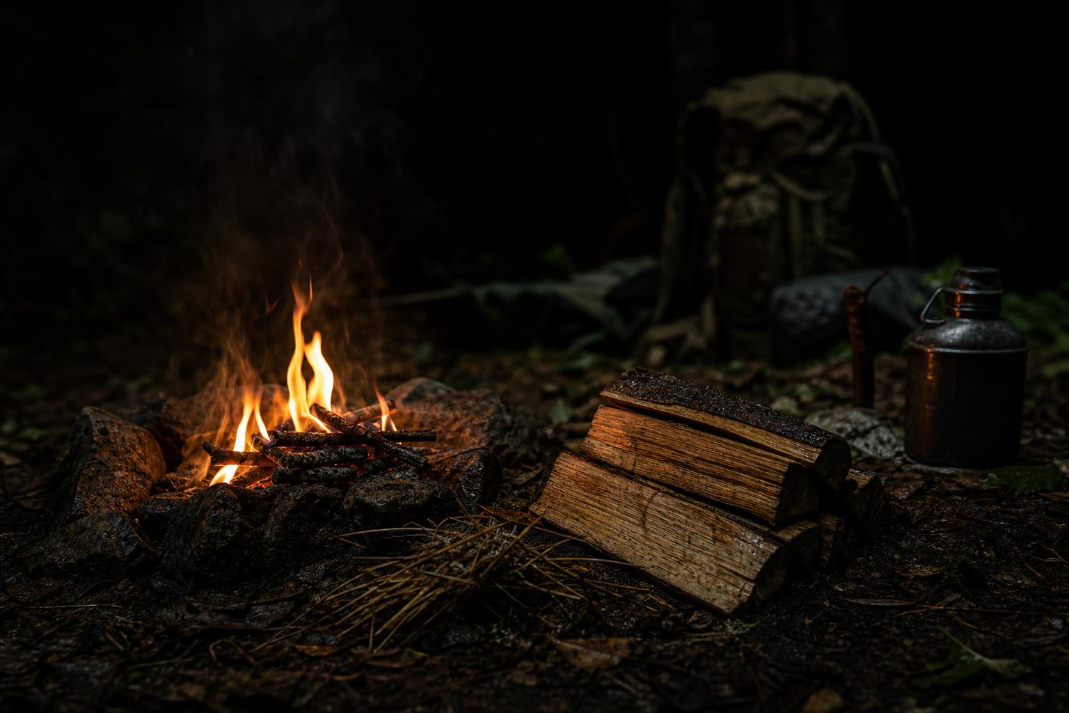 safe small campfire with split wet wood and water nearby
