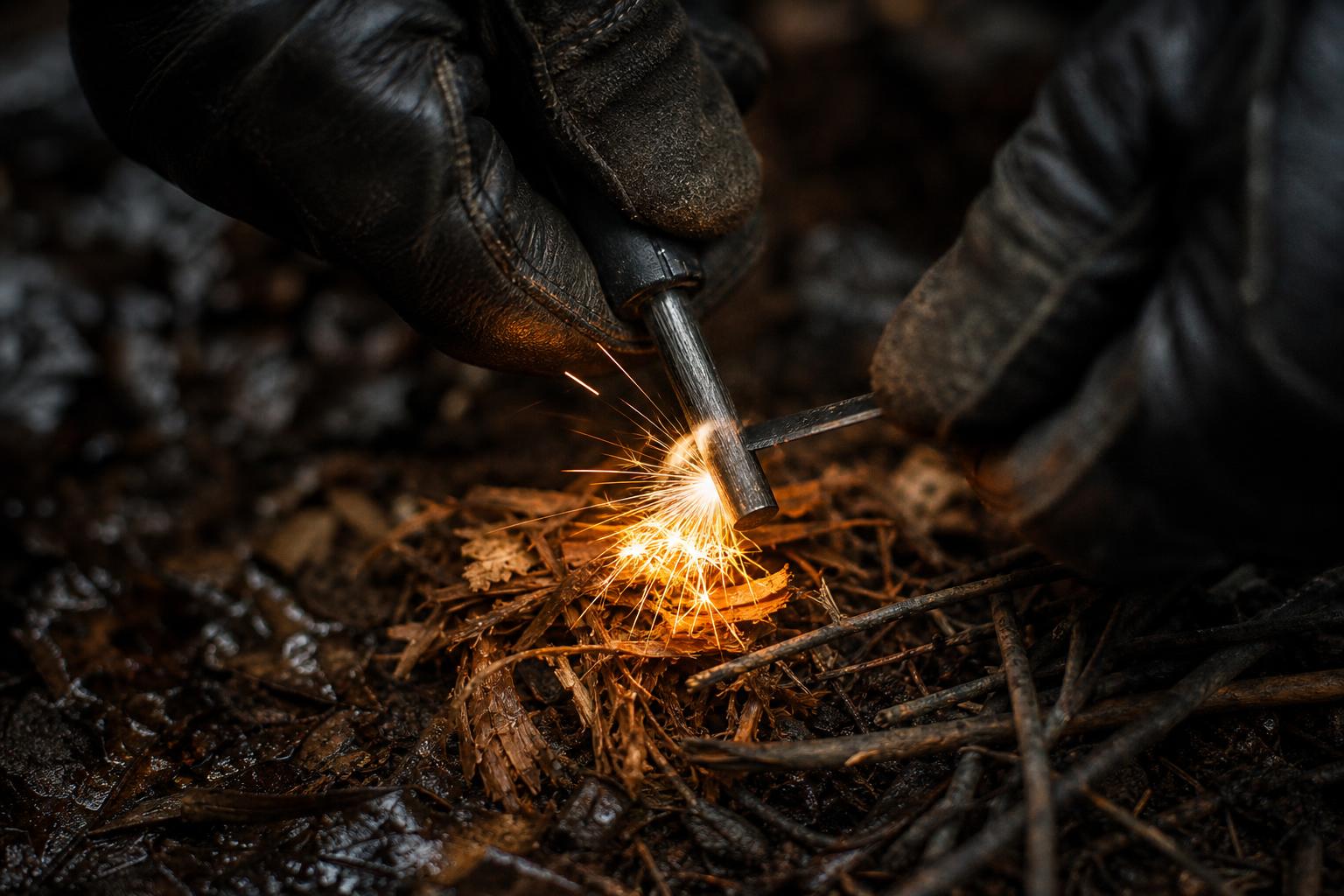 large ferro rod held over prepared tinder and pencil-thin kindling