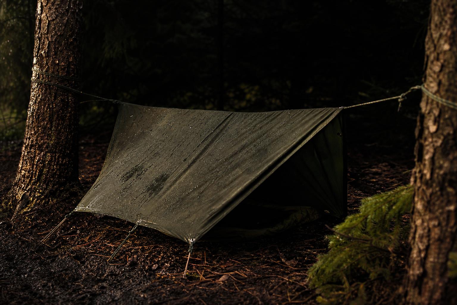 low poncho lean to shelter for wind in wet forest