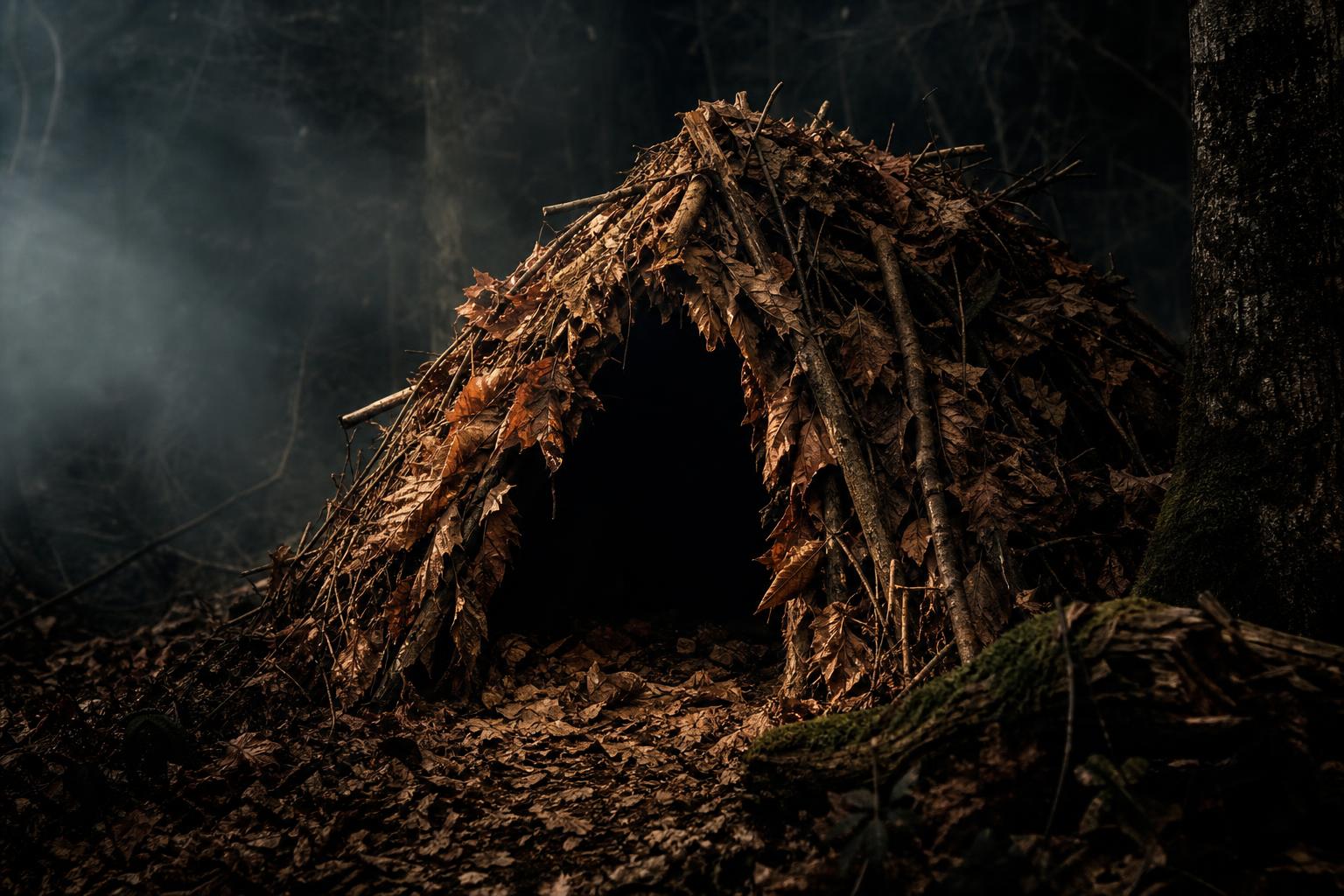 body sized debris hut survival shelter with thick leaf insulation