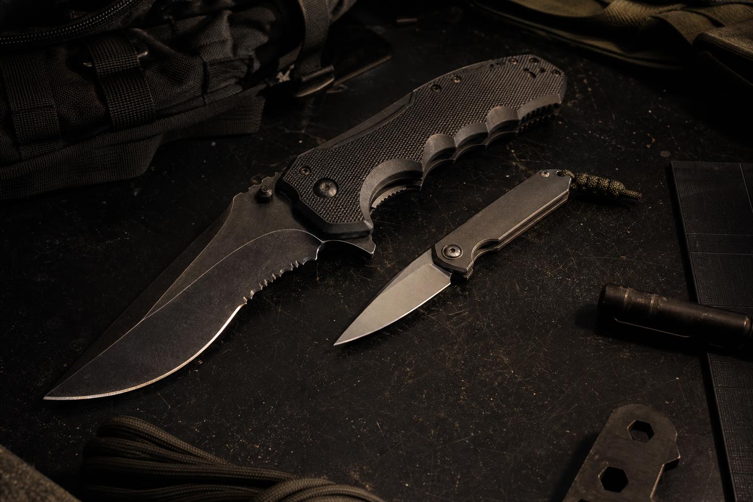 oversized tactical folder beside practical best EDC knife for survival