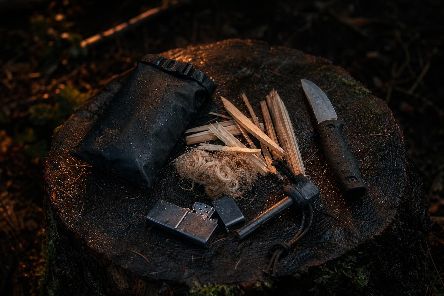 wet weather survival fire kit with ferro rod lighter fatwood and waterproof tinder