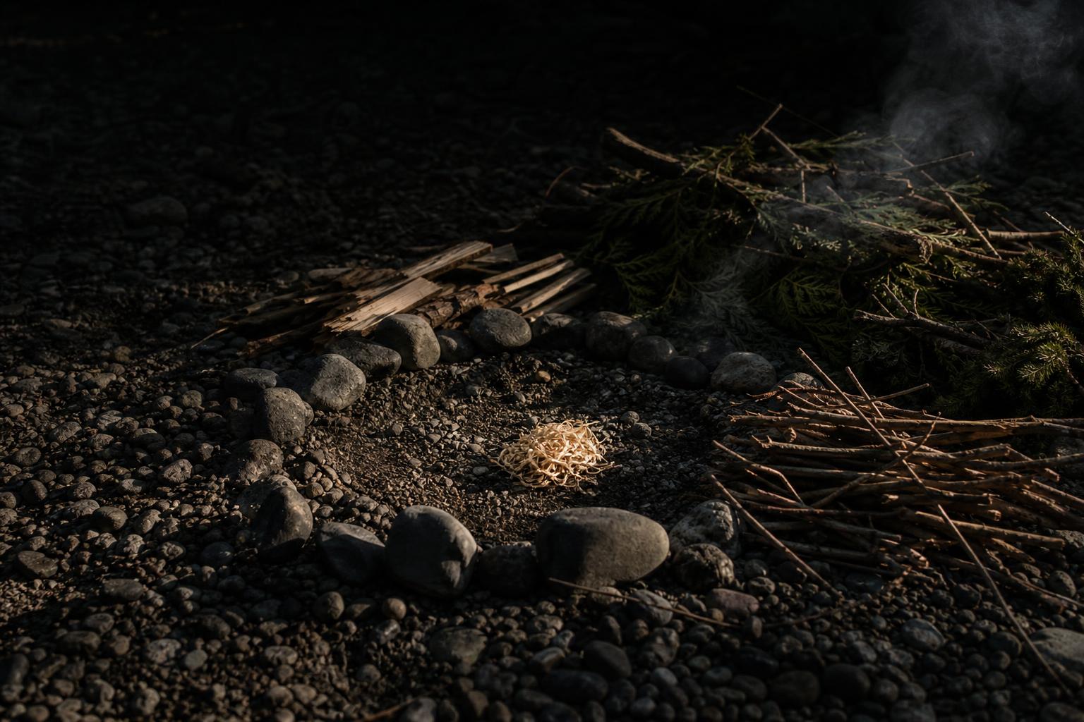 signal fire site on bare gravel with tinder kindling and smoke fuel staged