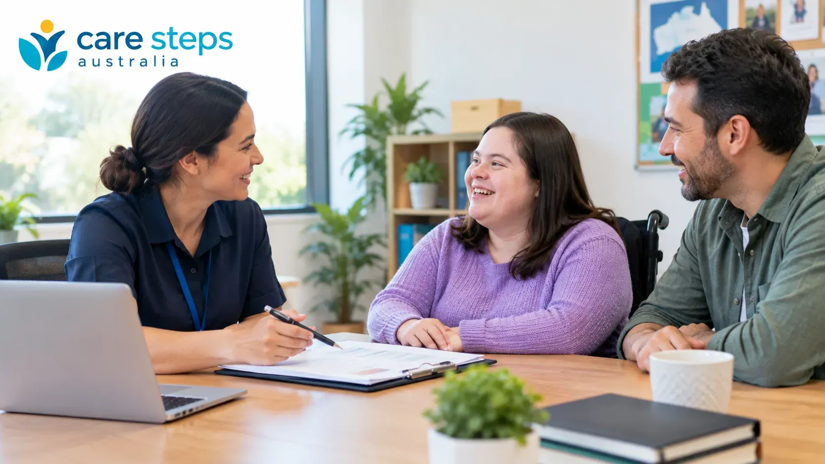 NDIS planning meeting with a support consultant, participant and family member discussing support needs