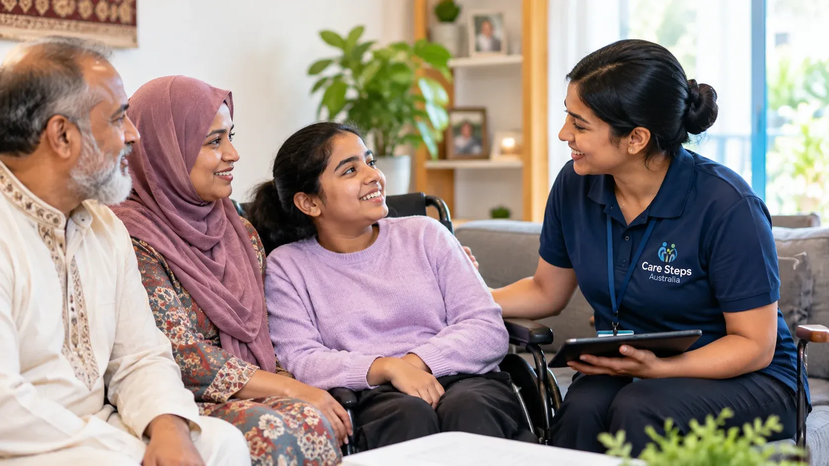 Multicultural family receiving culturally sensitive disability care from a support worker
