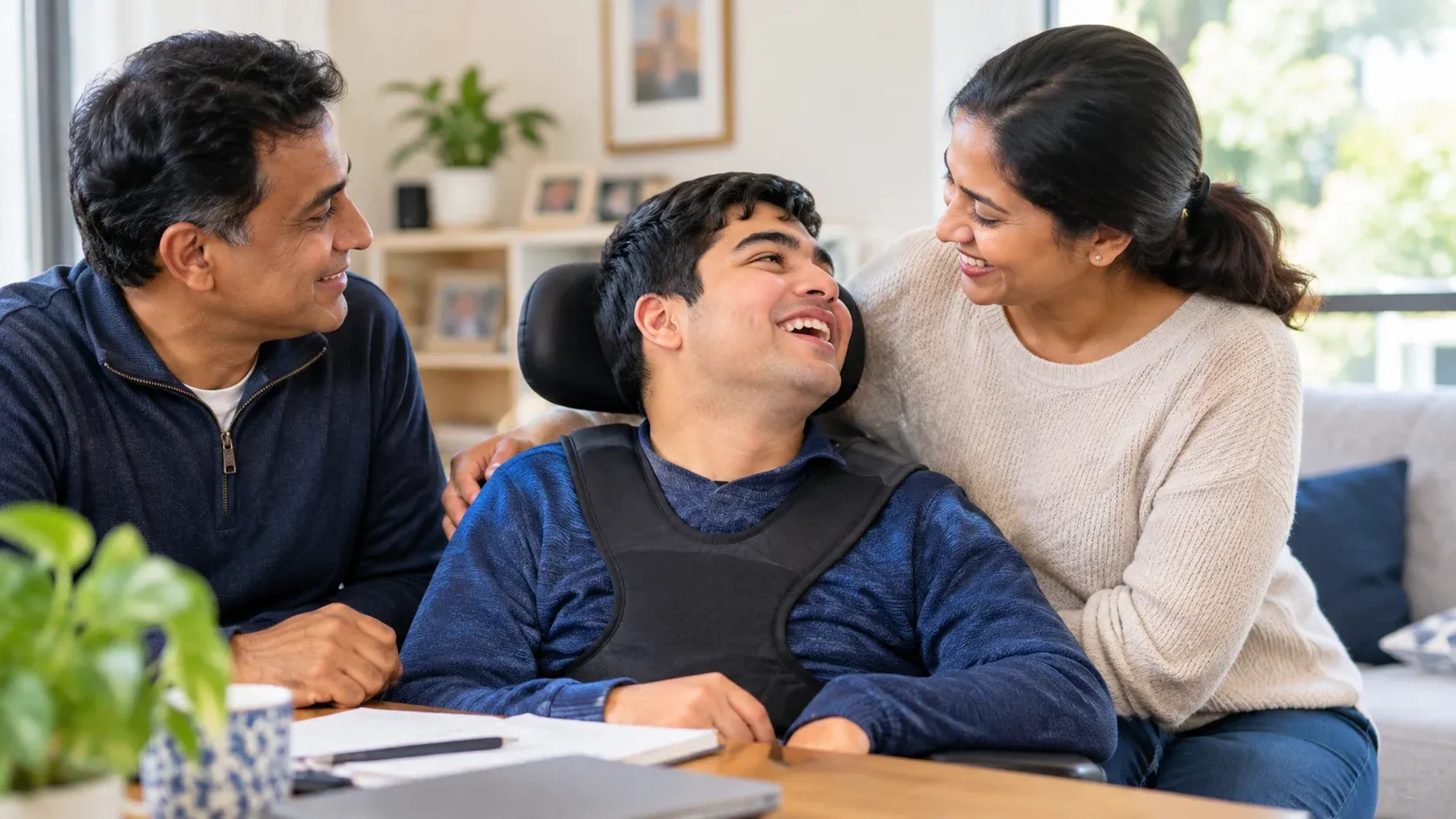 Family members supporting a person with disability at home under NDIS care arrangements.