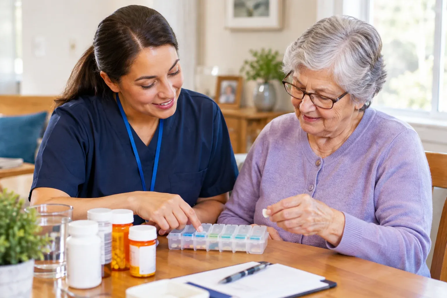 A professional caregiver helping an elderly woman organize her weekly medication using a pill organizer at home, illustrating senior medication management and personalized in-home care by Care Steps Australia.