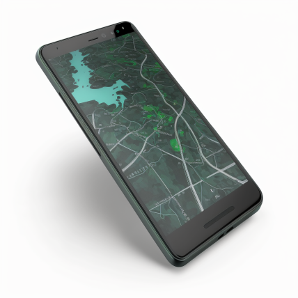 A image of a 3D phone displaying a map with green and gray map details