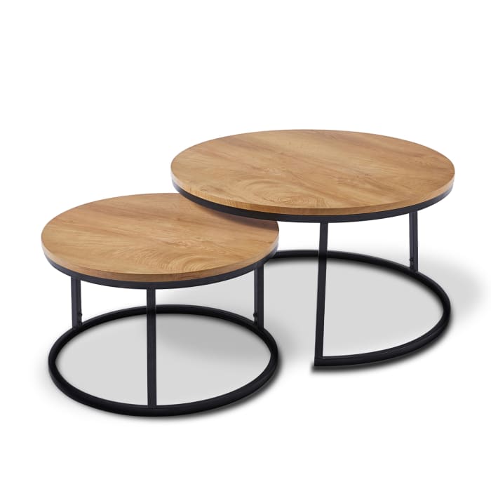 RUBEN - Lot de 2 tables basses rondes gigognes en bois et métal noir