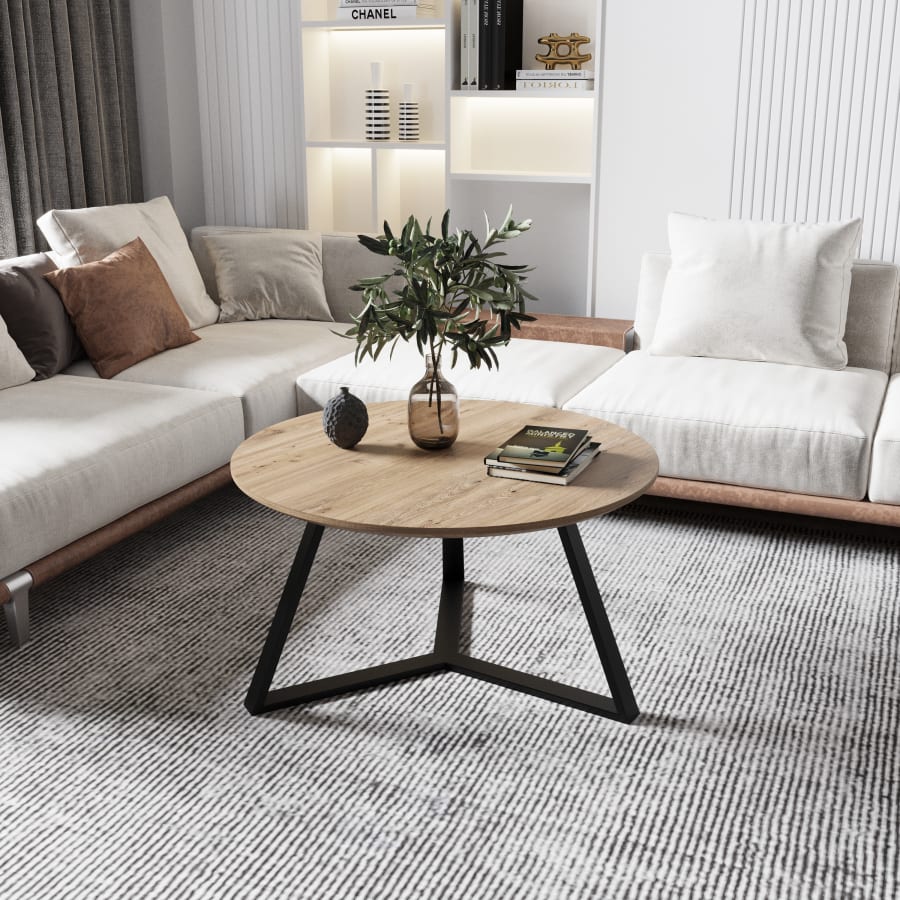 Table basse ronde en bois clair pi&egrave;tement en m&eacute;tal noir