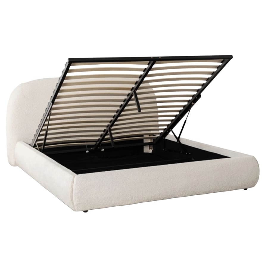 Lit double en tissu bouclette beige avec coffre 160x200 cm