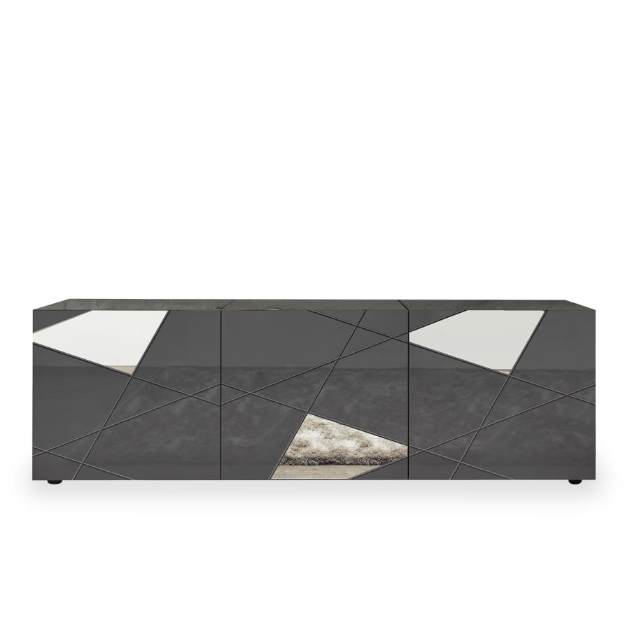 Meuble TV 3 portes anthracite d&eacute;tails miroir