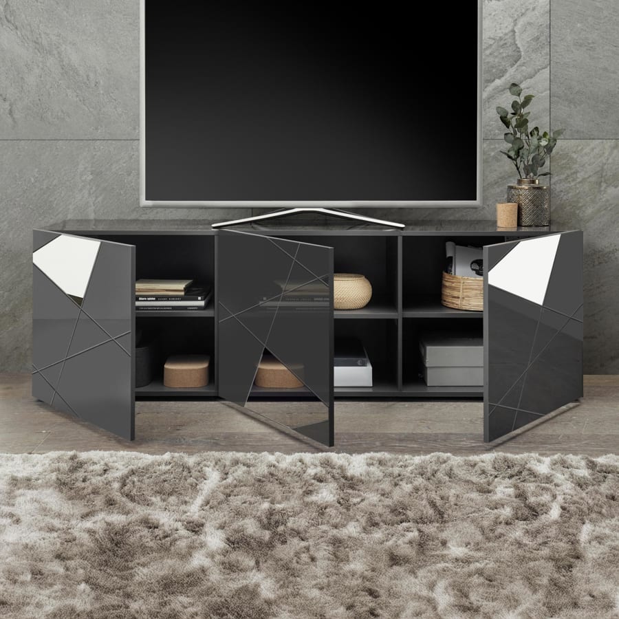 Meuble TV 3 portes anthracite détails miroir