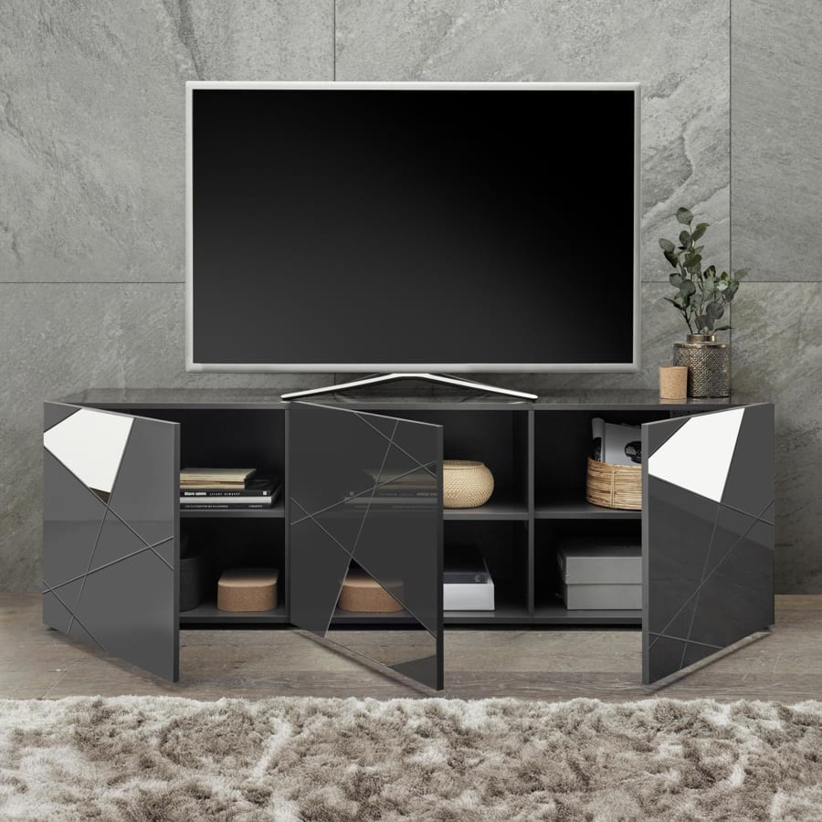 Meuble TV 3 portes anthracite d&eacute;tails miroir