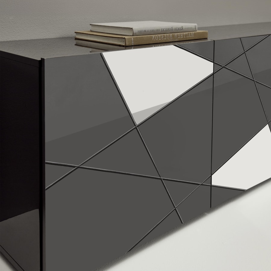 Meuble TV 3 portes anthracite d&eacute;tails miroir
