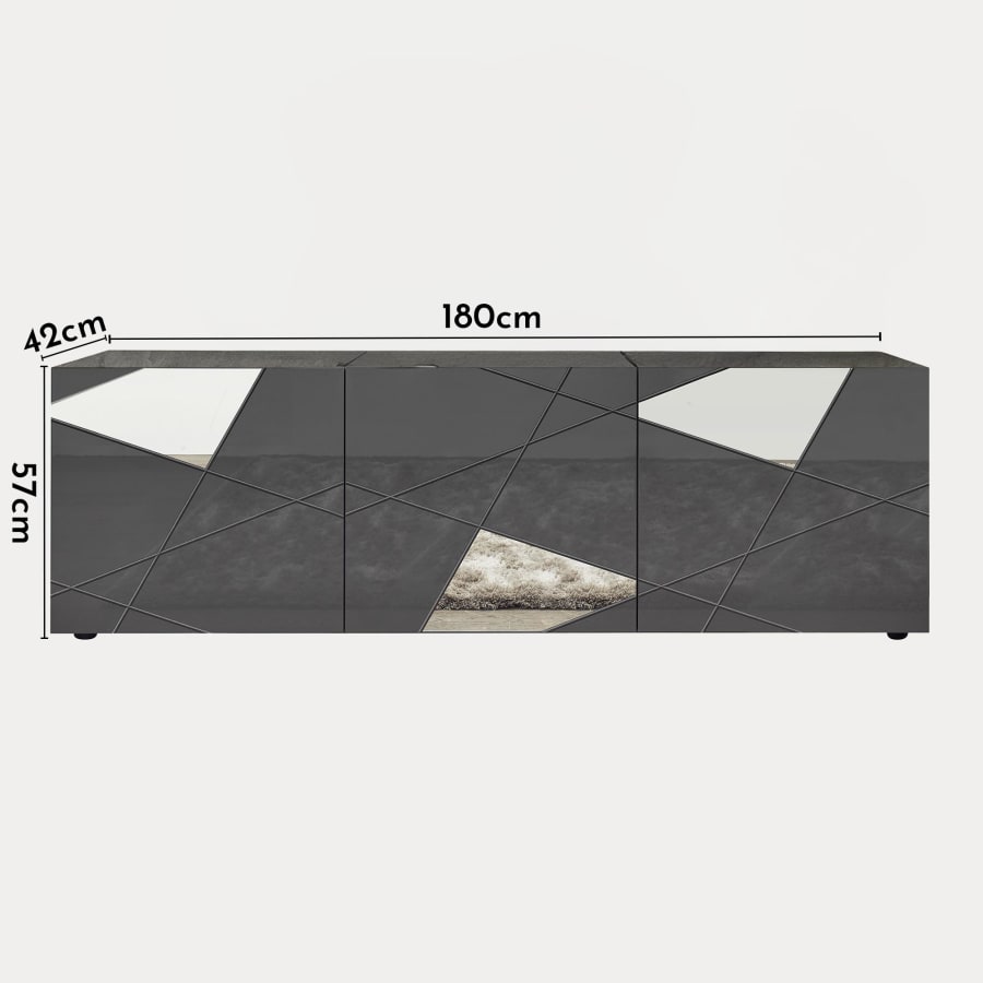 Meuble TV 3 portes anthracite d&eacute;tails miroir