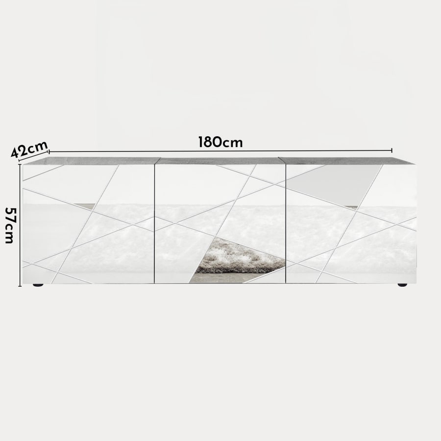 Meuble TV 3 portes blanc détails miroir