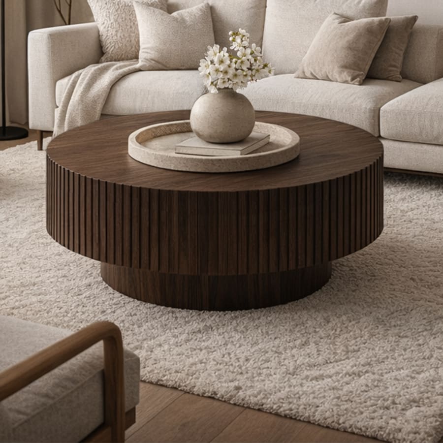 Table basse ronde couleur bois fonc&eacute; D80 cm