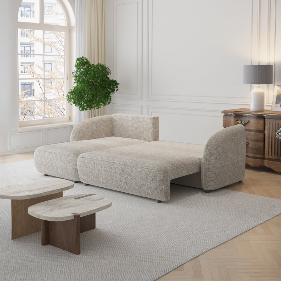 Canap&eacute; d'angle convertible avec coffre en tissu beige - Angle gauche