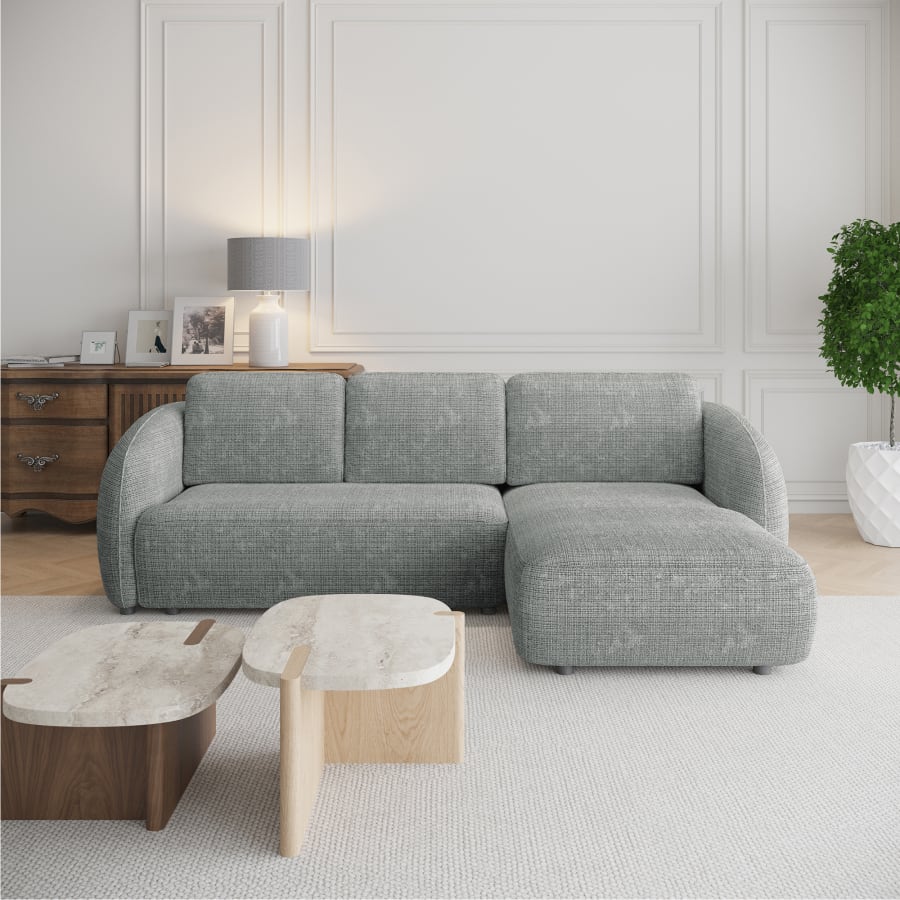 Canap&eacute; d'angle convertible avec coffre en tissu gris - Angle droit