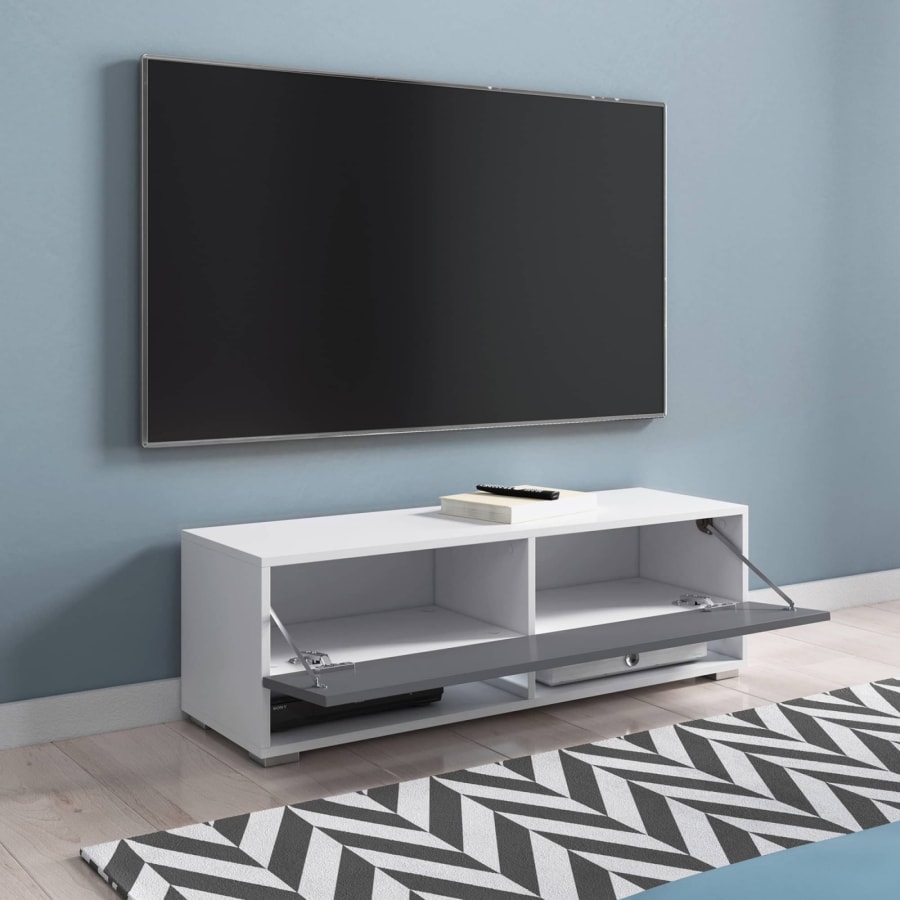 Meuble TV suspendu 1 porte 2 niches blanc et gris - 100 cm