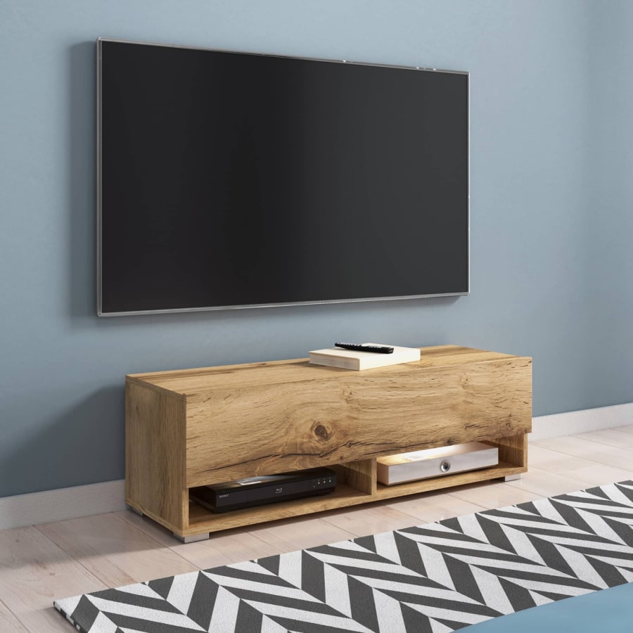 Meuble TV suspendu 1 porte 2 niches en chêne - 100 cm