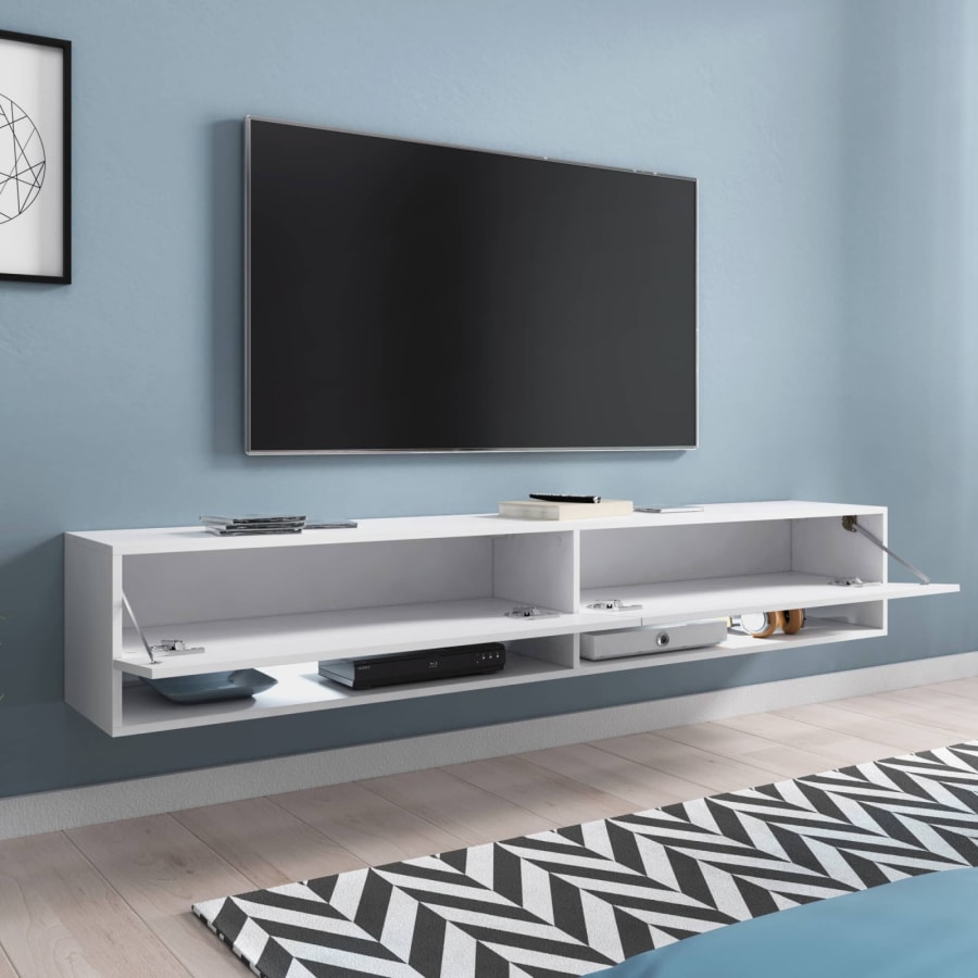 Meuble TV suspendu 2 portes 2 niches blanc XXL - 180 cm