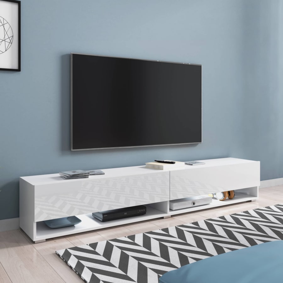 Meuble TV suspendu 2 portes 2 niches blanc XXL - 180 cm