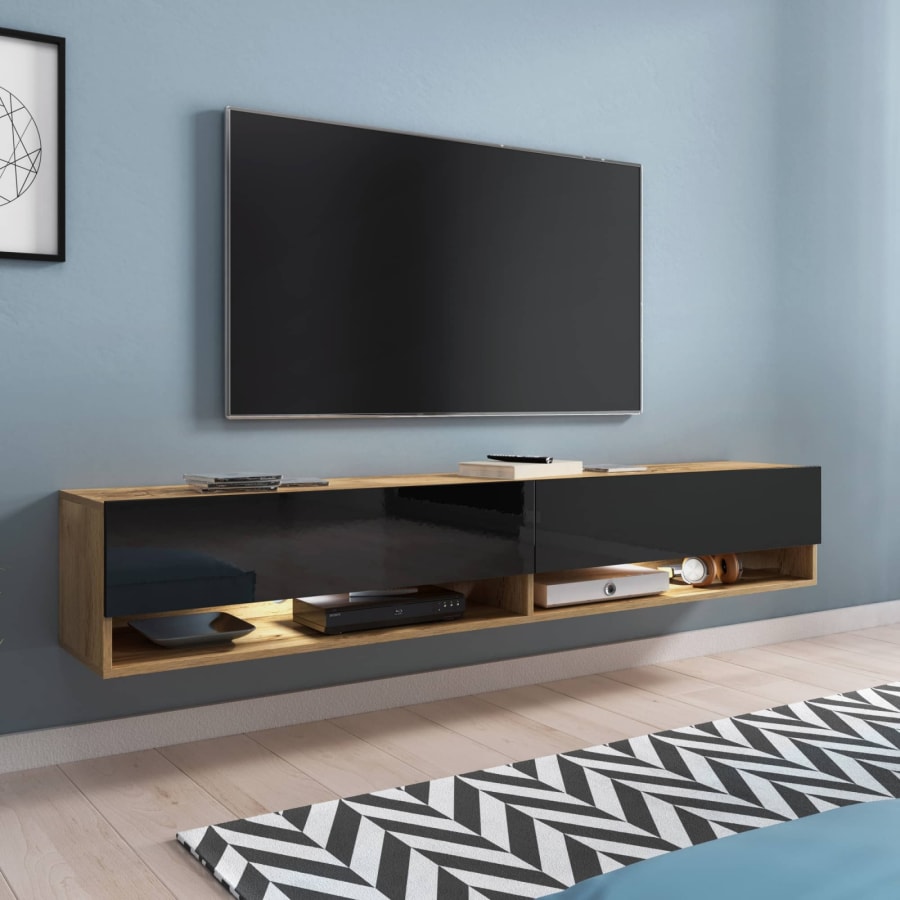 Meuble TV suspendu 2 portes 2 niches en ch&ecirc;ne et noir XXL - 180 cm