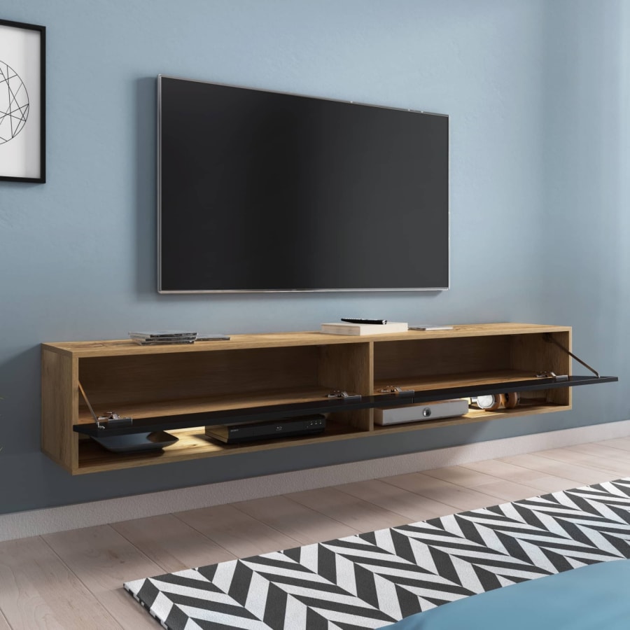 Meuble TV suspendu 2 portes 2 niches en ch&ecirc;ne et noir XXL - 180 cm