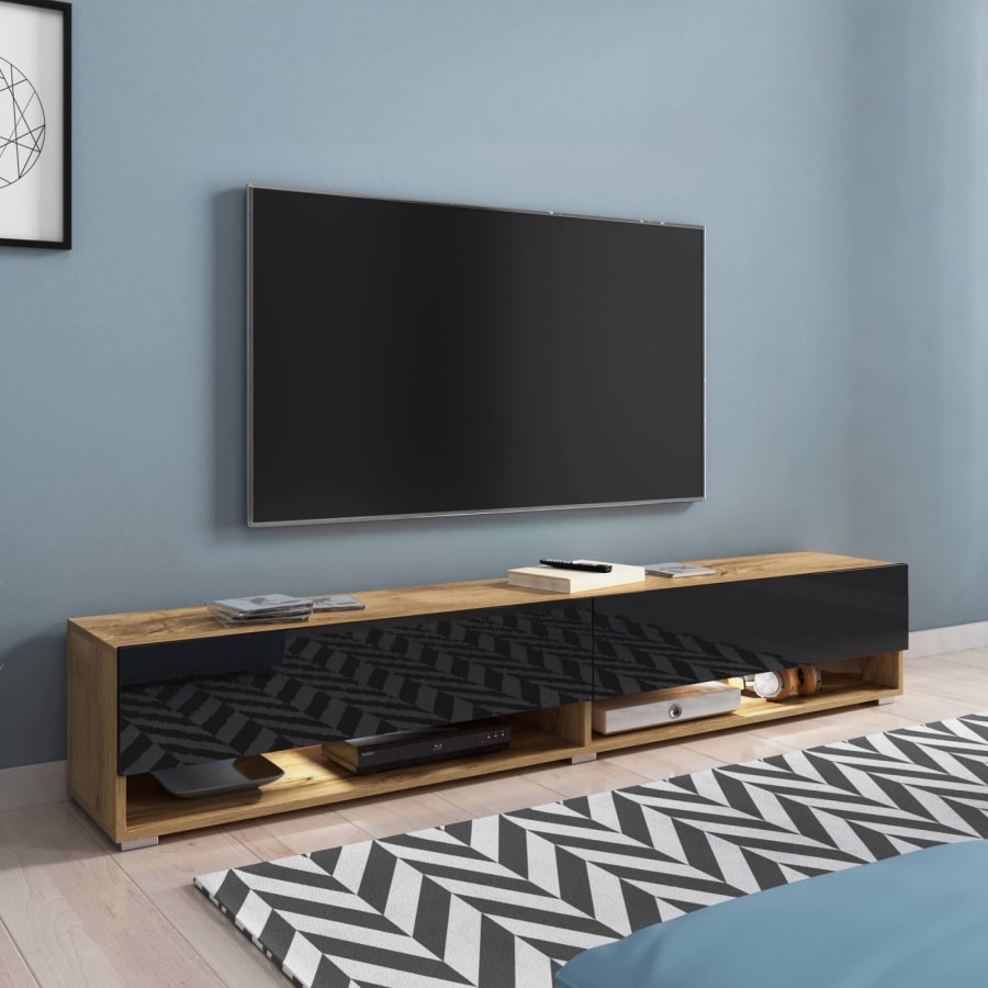 Meuble TV suspendu 2 portes 2 niches en ch&ecirc;ne et noir XXL - 180 cm