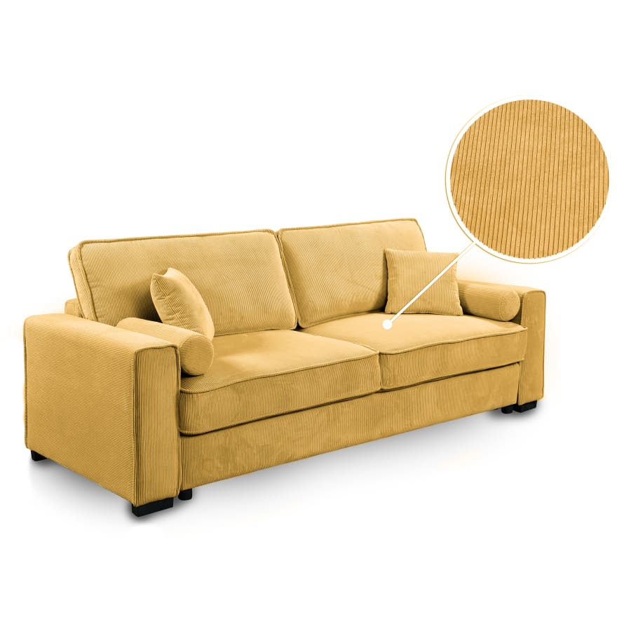 Canap&eacute; 3 places convertible en velours c&ocirc;tel&eacute; jaune