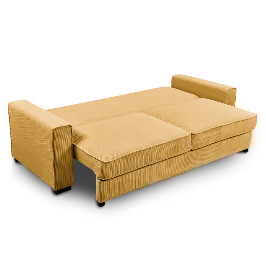 Canap&eacute; 3 places convertible en velours c&ocirc;tel&eacute; jaune